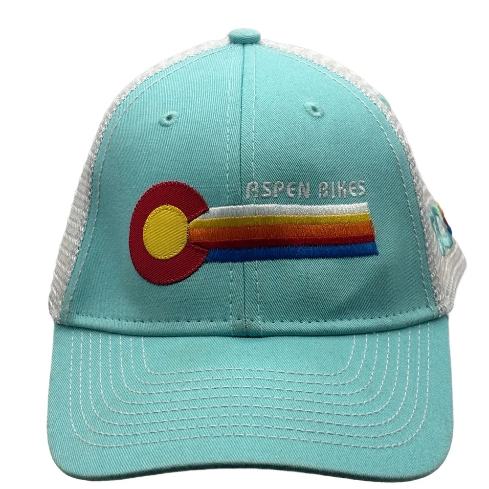 Aspen Bikes Trucker Hat Turquoise White Mesh Snapback Colorado Flag Logo Ouray